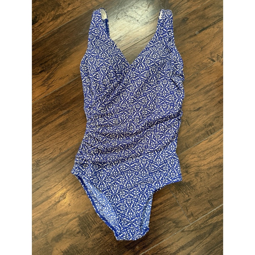 LL Bean Shaping Wrap Front Swimsuit Tanksuit Size 10 L Blue White UPF 50+ $110